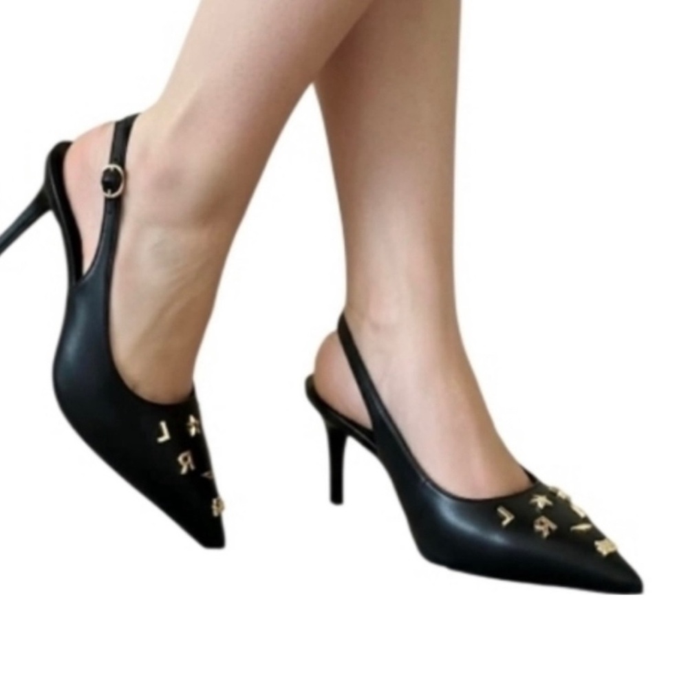 Karl Lagerfeld Black Slingback Pointed Toe Heels with Gold Studs
